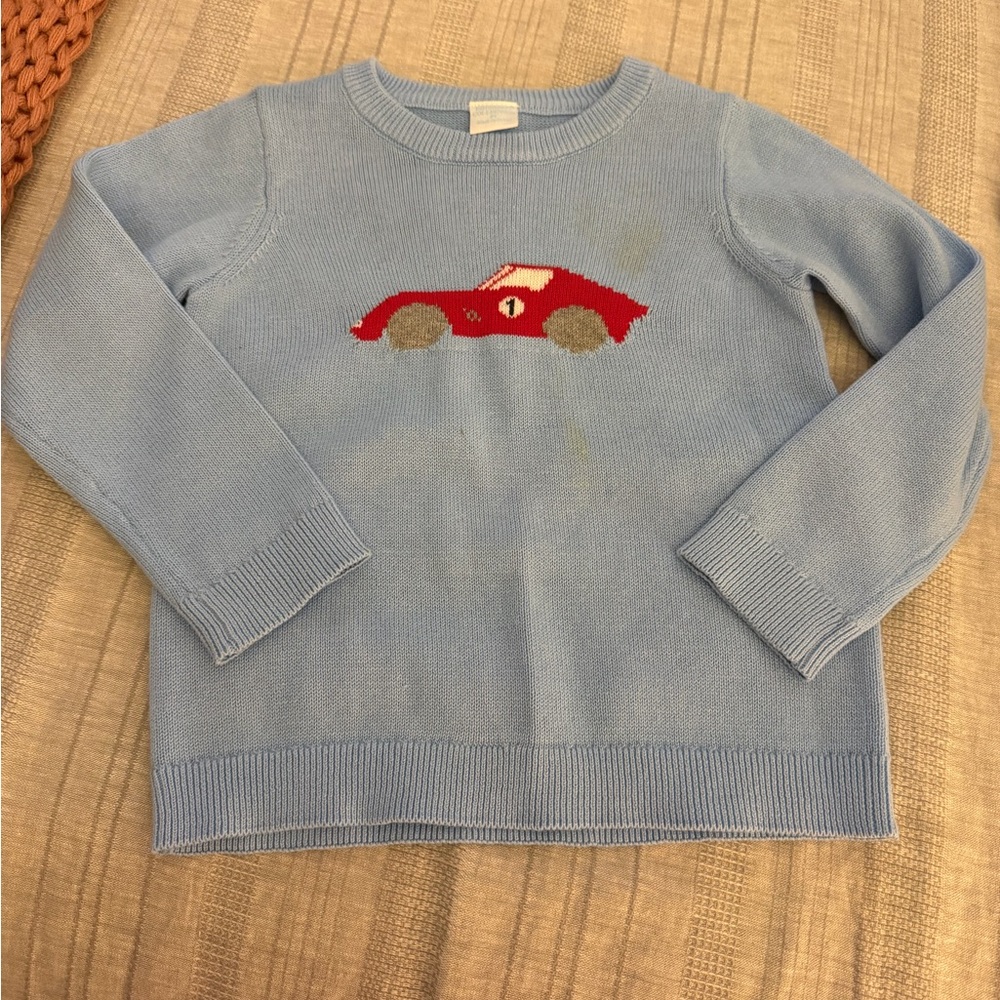Edgehill Collection Sky Blue Sweater with Red Car Motif